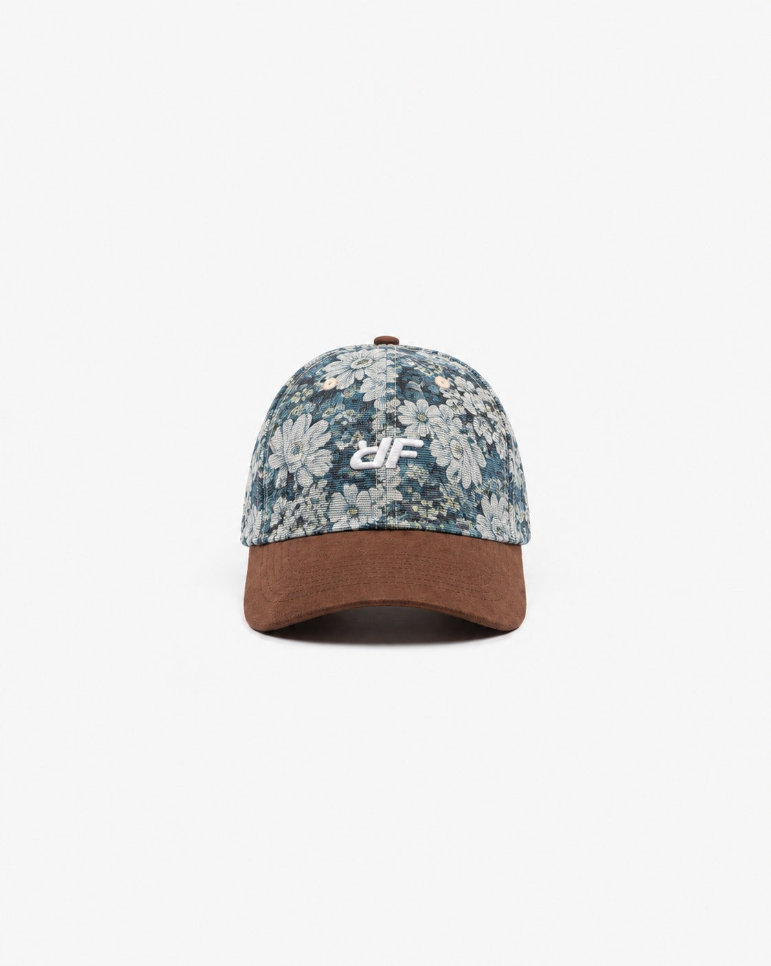 ReFramed Floral RF Hat in Floral Blue, front view with brown brim